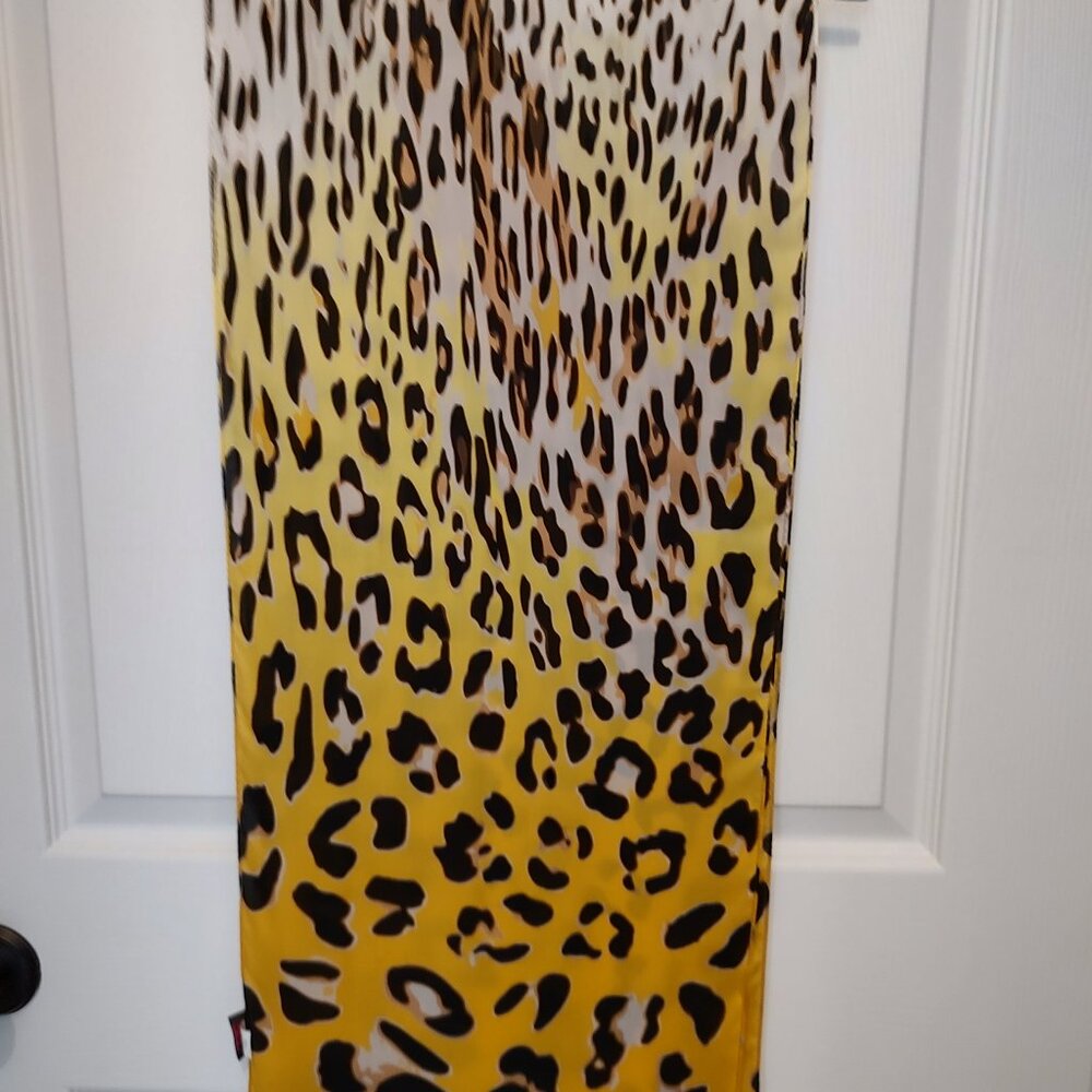 ECHO SCARF 100% SILK RECTANGLE 13x62 BLACK GOLD IVORY TAN ANIMAL PATTERN